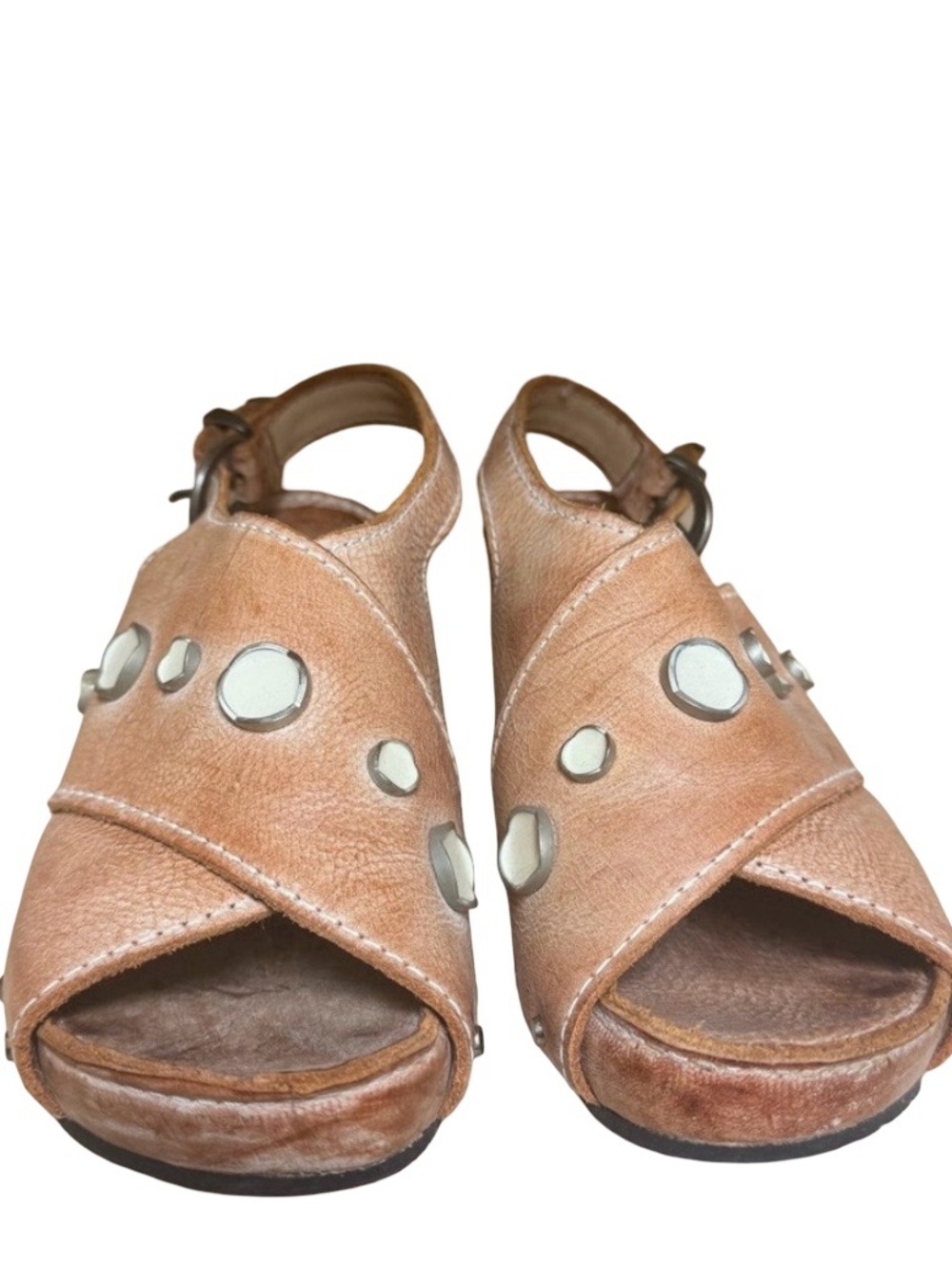 John Fluevog Tan Leather Studded Crisscross Open-Toe Sandals